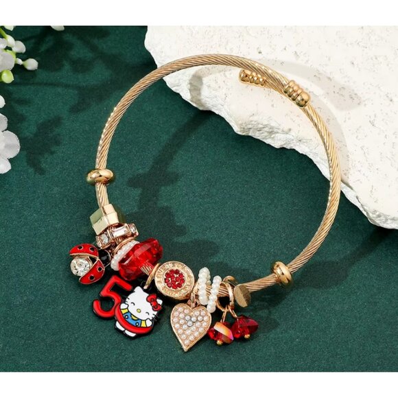 Hello Kitty Gold & Red Adjustable Charm Bracelet Cute Gift for Girl Collectors - Picture 1 of 3
